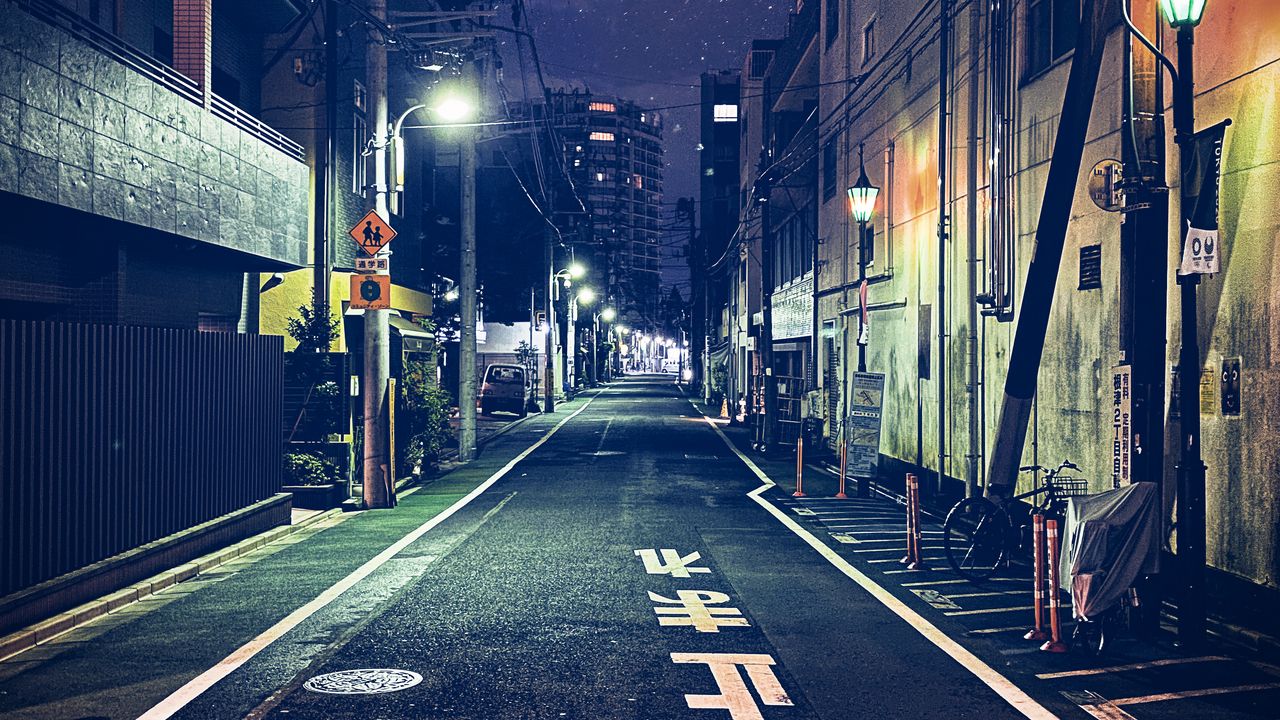 Wallpaper road, street, buildings, lights, night, japan hd, picture, image