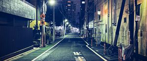 Preview wallpaper road, street, buildings, lights, night, japan