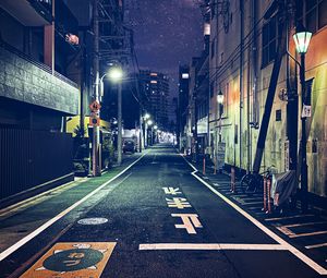 Preview wallpaper road, street, buildings, lights, night, japan