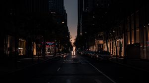 Preview wallpaper road, street, buildings, city, darkness