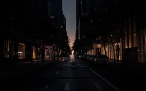 Preview wallpaper road, street, buildings, city, darkness