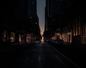 Preview wallpaper road, street, buildings, city, darkness