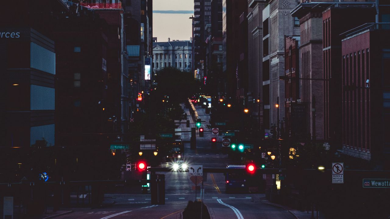 Wallpaper road, street, city, dusk, dark