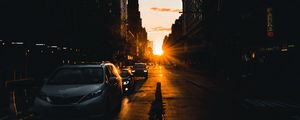 Preview wallpaper road, street, rays, cars, buildings