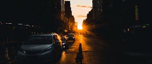 Preview wallpaper road, street, rays, cars, buildings