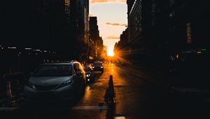 Preview wallpaper road, street, rays, cars, buildings