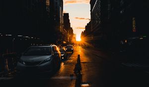 Preview wallpaper road, street, rays, cars, buildings