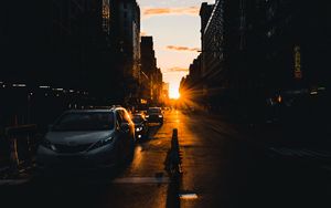 Preview wallpaper road, street, rays, cars, buildings