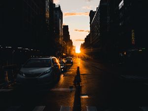 Preview wallpaper road, street, rays, cars, buildings