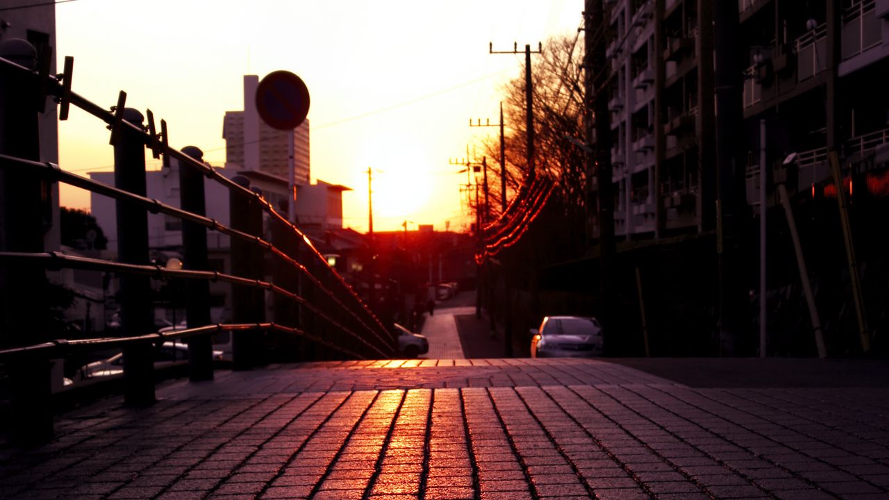 Wallpaper road, street, sunset, buildings