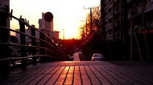 Preview wallpaper road, street, sunset, buildings