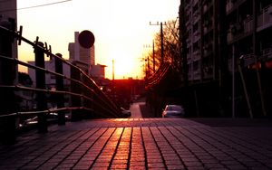 Preview wallpaper road, street, sunset, buildings