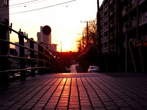 Preview wallpaper road, street, sunset, buildings