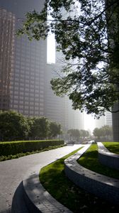 Preview wallpaper road, street, trees, buildings, shadows