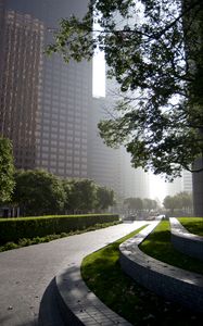 Preview wallpaper road, street, trees, buildings, shadows