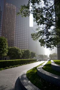 Preview wallpaper road, street, trees, buildings, shadows