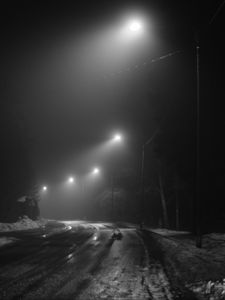 Preview wallpaper road, streetlights, night, snow, bw, dark