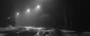 Preview wallpaper road, streetlights, night, snow, bw, dark