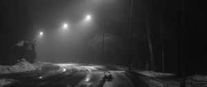 Preview wallpaper road, streetlights, night, snow, bw, dark