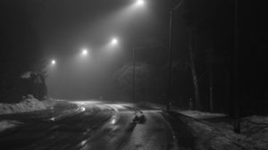 Preview wallpaper road, streetlights, night, snow, bw, dark
