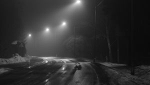 Preview wallpaper road, streetlights, night, snow, bw, dark