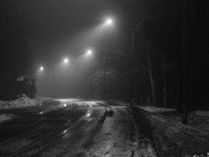 Preview wallpaper road, streetlights, night, snow, bw, dark