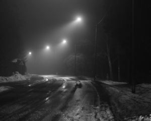 Preview wallpaper road, streetlights, night, snow, bw, dark