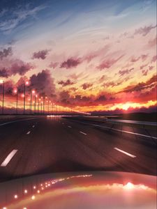 Preview wallpaper road, sunset, dusk, turn, art