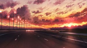 Preview wallpaper road, sunset, dusk, turn, art