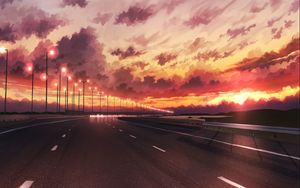 Preview wallpaper road, sunset, dusk, turn, art