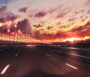 Preview wallpaper road, sunset, dusk, turn, art