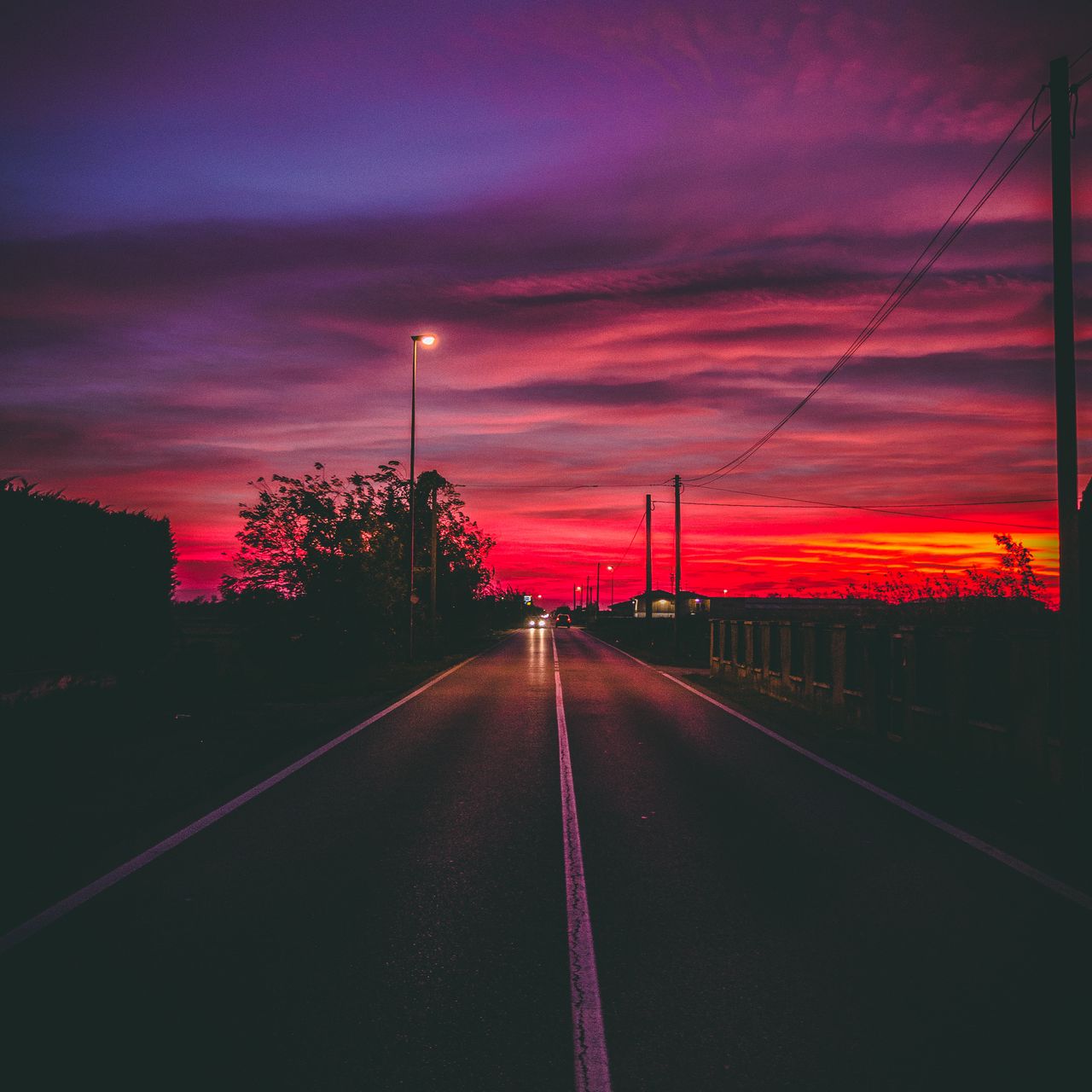 1280x1280 Wallpaper road, sunset, horizon, marking