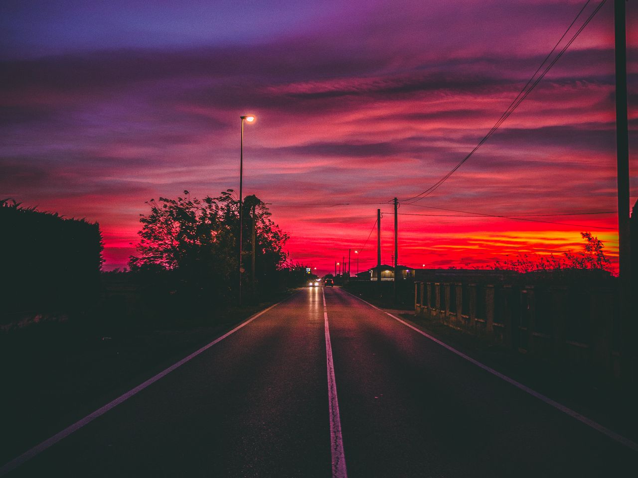 1280x960 Wallpaper road, sunset, horizon, marking