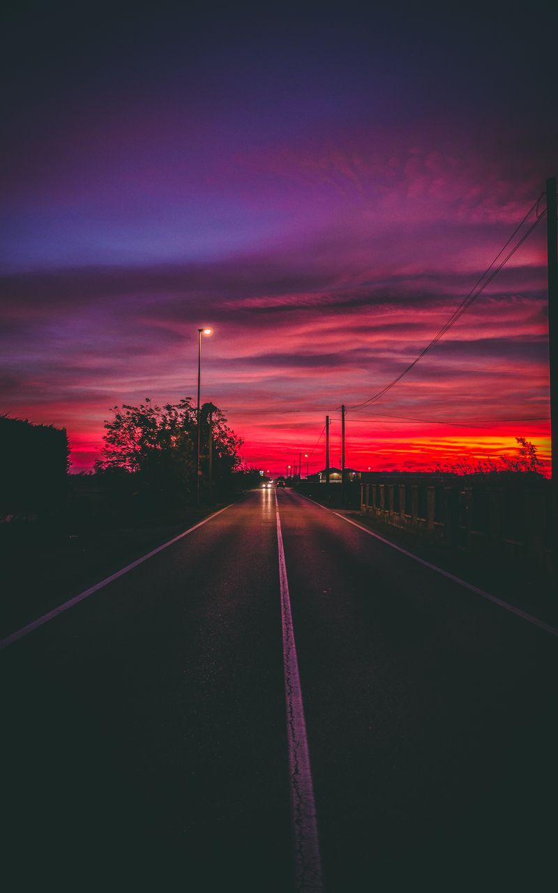 800x1280 Wallpaper road, sunset, horizon, marking