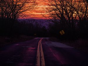 Preview wallpaper road, sunset, marking, sign