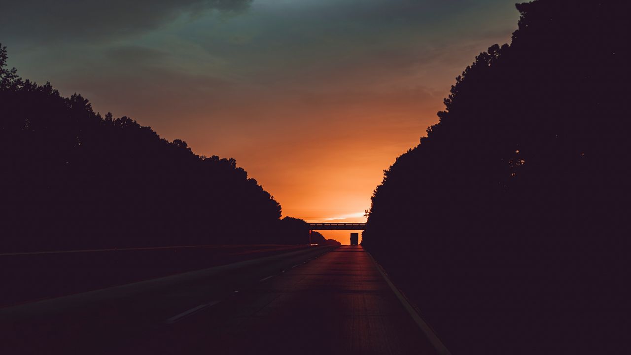 Wallpaper road, sunset, movement, clouds, twilight