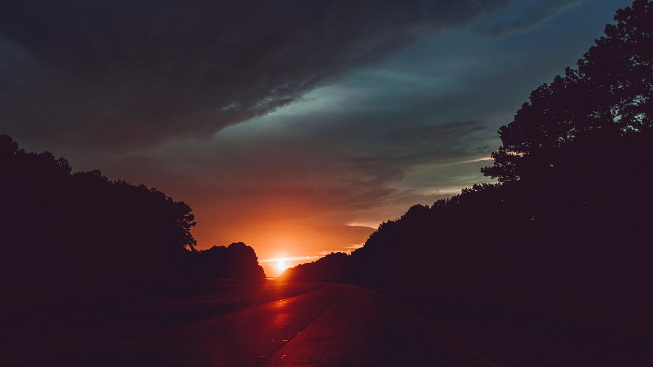 Wallpaper road, sunset, sky, clouds, turn