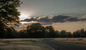 Preview wallpaper road, sunset, trees, clouds, sky, sun, rays