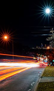 Preview wallpaper road, tail lights, lights, glow, buildings, night, long expourse