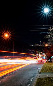 Preview wallpaper road, tail lights, lights, glow, buildings, night, long expourse