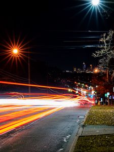 Preview wallpaper road, tail lights, lights, glow, buildings, night, long expourse