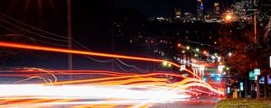 Preview wallpaper road, tail lights, lights, glow, buildings, night, long expourse