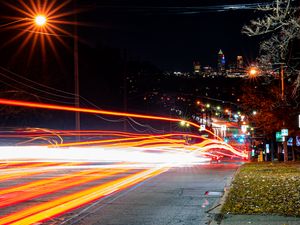 Preview wallpaper road, tail lights, lights, glow, buildings, night, long expourse