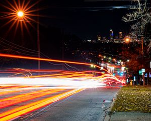 Preview wallpaper road, tail lights, lights, glow, buildings, night, long expourse