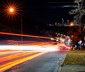 Preview wallpaper road, tail lights, lights, glow, buildings, night, long expourse