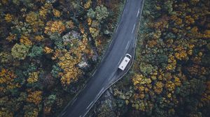 Preview wallpaper road, top view, trees, autumn, car