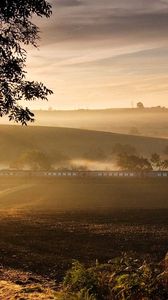 Preview wallpaper road, train, fog, morning, tree