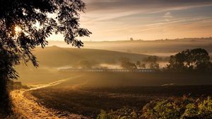 Preview wallpaper road, train, fog, morning, tree