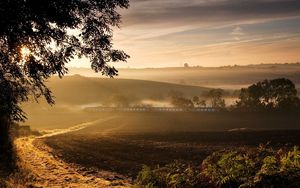 Preview wallpaper road, train, fog, morning, tree