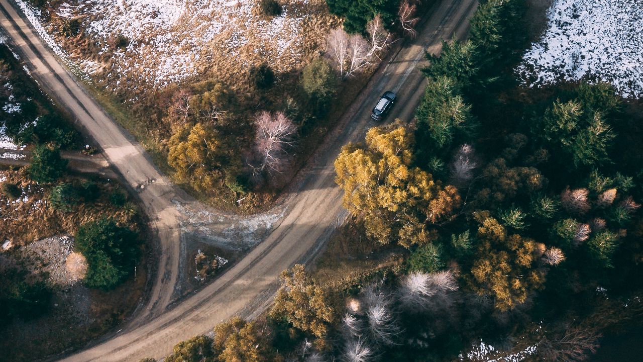 Wallpaper road, trees, aerial view, snowy